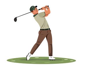 Golfer Swinging a Club on Green Field Flat Vector Illustration