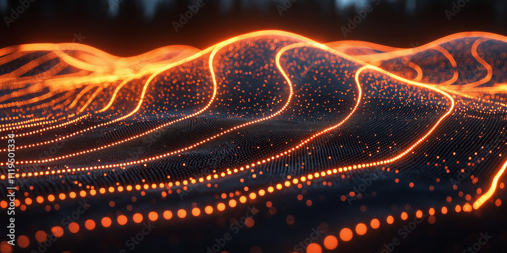 Poster Vibrant orange-lit dots curve and flow in wave-like patterns on a dark backdrop, forming dynamic lines of luminous data streams ideal for tech, energy, or futuristic visuals.