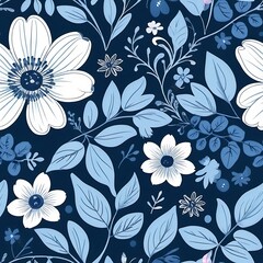 Fototapeta premium Navy Blue Floral Pattern: A seamless design featuring delicate white flowers and blue leaves on a rich navy background. Perfect for adding a touch of elegance and tranquility to any project. 