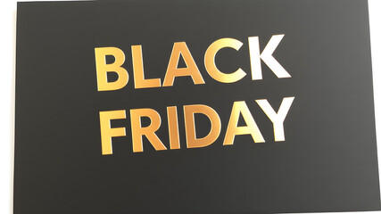 A sleek black business card with golden foil text, surrounded by bold Black Friday letters in red and white on a glossy black surface, in 8K