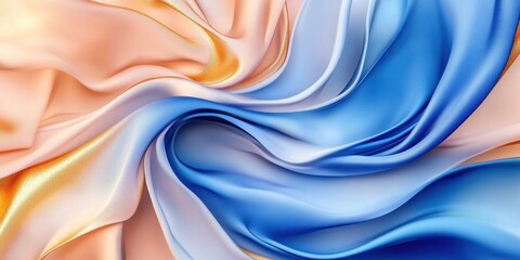 Obraz premium Abstract Swirling Silk Fabric Texture Background: Peach, Blue, and Gold Hues