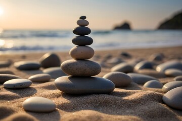 Fototapeta premium A neat stack of smooth pebbles on a sandy beach, showcasing natural tones of gray and beige. The tranquil scene features a blurred horizon and soft light, evoking calm and minimalist balance.