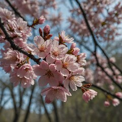 Fototapeta premium A close-up view of pink cherry blossoms with a blurred forest in the background.