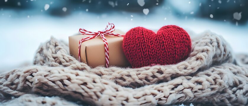 A cozy winter scene featuring a beautifully wrapped gift box and a knitted heart placed on a soft scarf. Gentle snowflakes add a magical touch to this heartwarming composition.