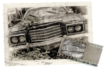 négatif et tirage papier d'une photo d'un véhicule vintage abandonné, PNG sur fond transparent