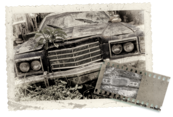 négatif et tirage papier d'une photo d'un véhicule vintage abandonné, PNG sur fond transparent