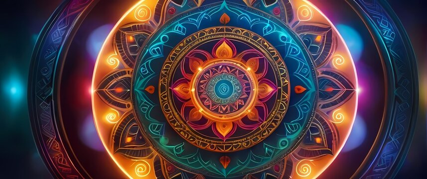 An artistic depiction of a colorful mandala surrounded by symbols representing balance and unity