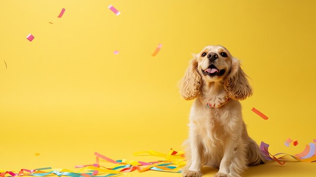 Happy Dog Surrounded by Colorful Confetti on Bright Yellow Background, Celebrating with Joyful Expression, Ideal for Pet and Celebration Themes in Stock Photography