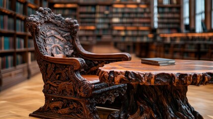 An exquisitely carved wooden chair sits in a grand library filled with books, suggesting a space for deep thought and quiet reflection amid scholarly pursuits.