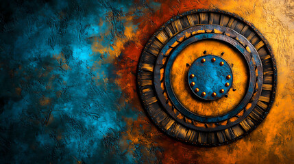 Fototapeta premium vibrant abstract artwork featuring circular patterns in blue, orange, and gold tones, creating striking visual impact. textured background enhances dynamic composition