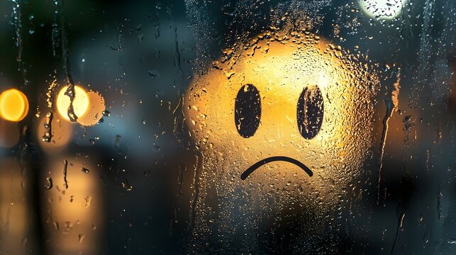 Sad smiley face drawn on a rain-covered window at night, city lights blurred in the background.