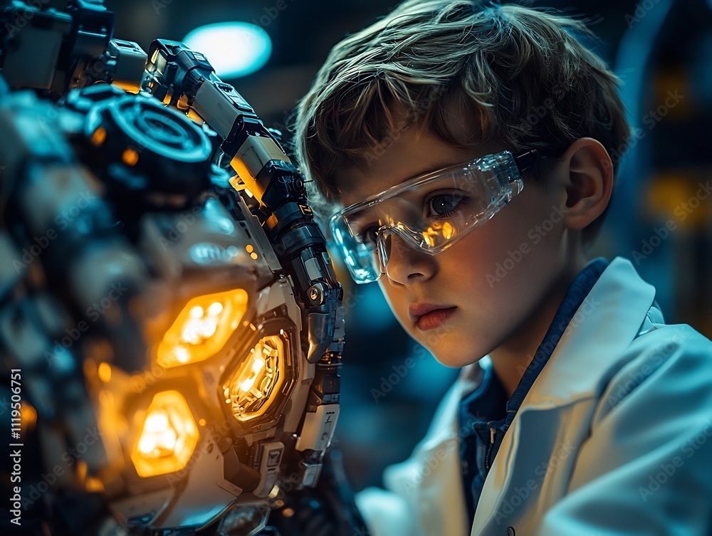 Poster young robotics engineer building futuristic robot in tech filled lab
