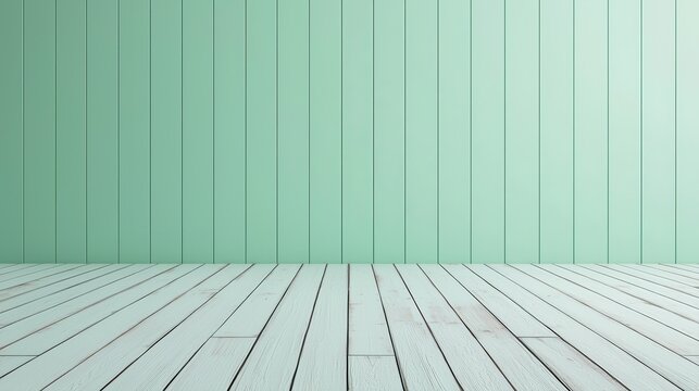 Simple Background, Mint green wall and wooden floor create a calm and modern interior space.