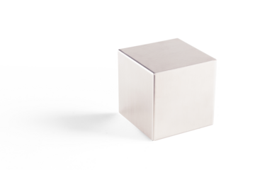 Isolated metal grey cube with shadow on transparent background, abstract geometric shape figure isolated, PNG transparent