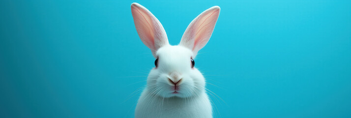 Obraz premium White rabbit portrait on bright blue background with symmetrical composition