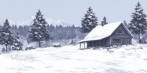 Snow covered cabin in a winter forest landscape with distant mountains