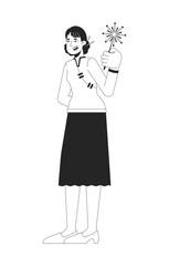 Happy chinese woman in tang suit holding sparkler stick black and white 2D line character. Asian female celebrating spring festival isolated vector outline person. Monochromatic spot illustration