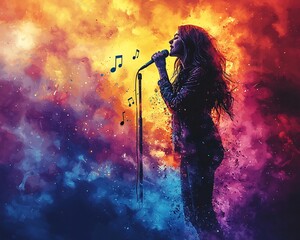 Obraz premium Energetic Singer Radiating Musical Expression with Vibrant Paint Splashes on Blank Background
