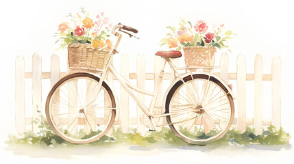 Fototapeta premium A watercolor sketch of a bicycle with a basket full of flowers, leaning on a white picket fence