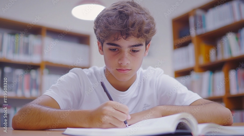 Poster a young boy student sits at a wooden table in a library, concentrating intently as he writes in a no