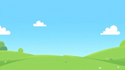 Fototapeta premium Sunny day, green hills, blue sky, fluffy clouds, cartoon landscape.