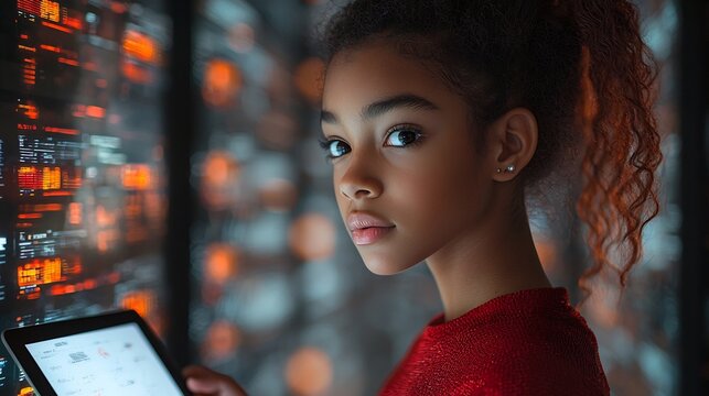Teenage Student Using Tablet in Futuristic Classroom With Glowing Screens Representing Self Directed Learning