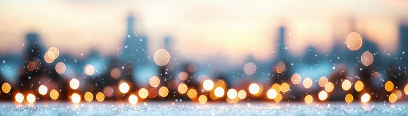 Fototapeta premium A blurred cityscape with shimmering lights and a soft snowfall, creating a dreamy winter atmosphere.