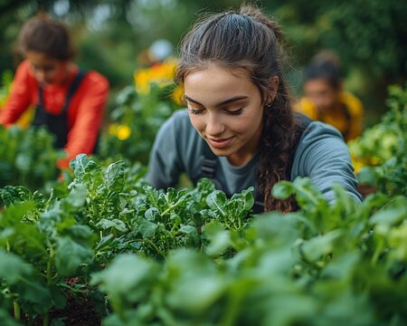 Students Learning Vegetable Gardening in Community Garden Symbolizing Independence through Education