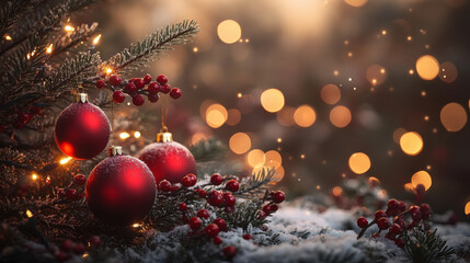 Festive Christmas tree with red ornaments and bokeh lights