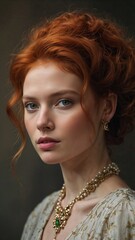 Elegant Red-Haired Woman Wearing Gold and Pearl Necklace in Vintage Portrait Style