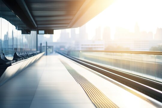 Sunlit modern train station platform, cityscape, morning light