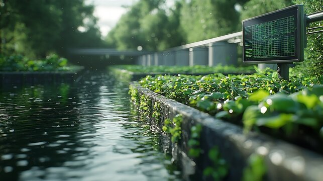 Futuristic Industrial Wastewater Facility with Holographic Data Screens and Green Energy Solutions