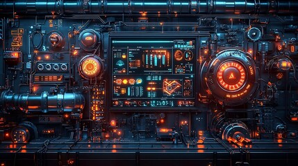 Industrial Robot Maintaining Wastewater Pipes with Glowing Digital Interface and Efficiency Metrics