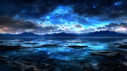 Obraz premium Serene night scene starry sky over calm ocean and dark mountains. Perfect for fantasy, sci-fi, or nature themes.
