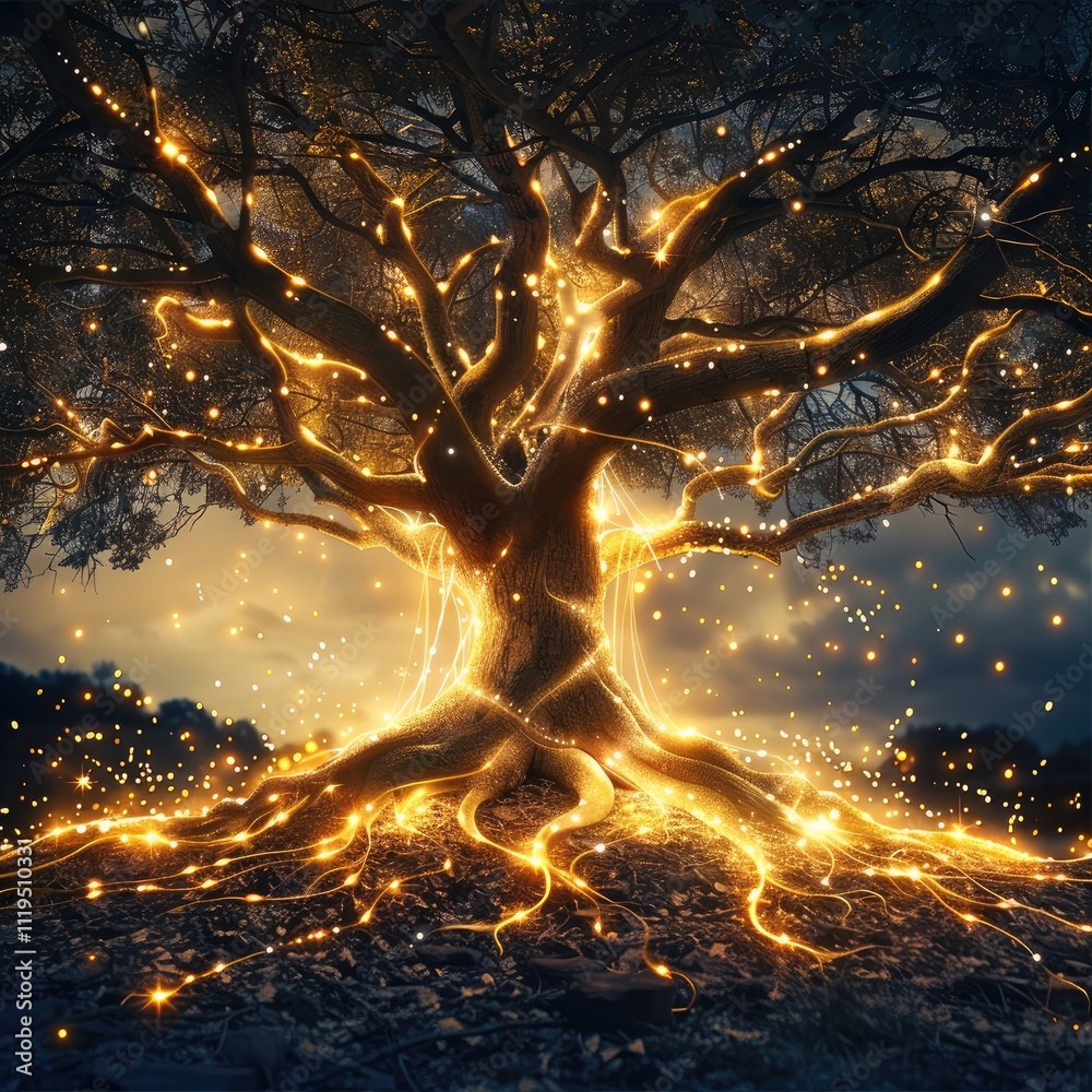 Poster A majestic tree with glowing golden roots extending deep into the ground, symbolizing knowledge and growth. The branches reach upward with delicate.