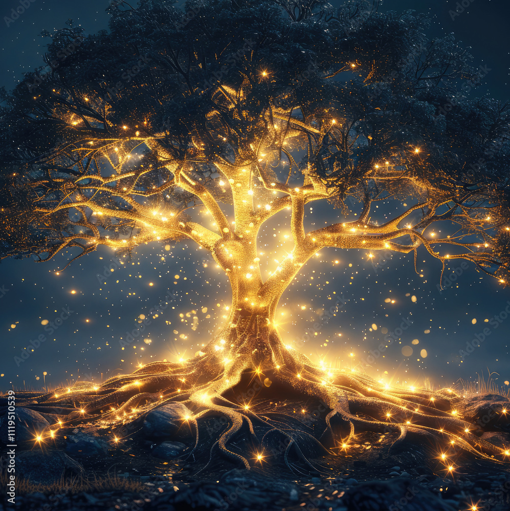 Poster A majestic tree with glowing golden roots extending deep into the ground, symbolizing knowledge and growth. The branches reach upward with delicate.