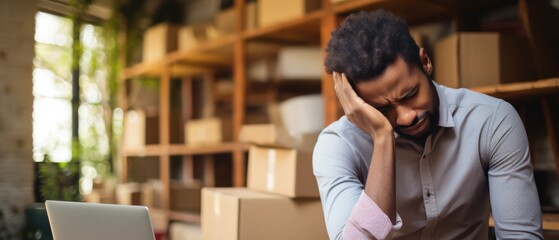 Obraz premium An exhausted man sits at a cluttered desk, head cradled in hand, surrounded by stack-filled shelves, embodying workplace fatigue.