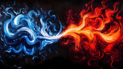 abstract fusion of fire and water, featuring bold reds and cool blues, creates dynamic visual contrast. swirling patterns evoke sense of movement and energy