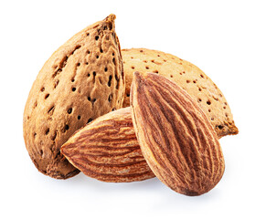 Almond nuts in shell and shelled nuts isolated on white background. File contains clipping path.