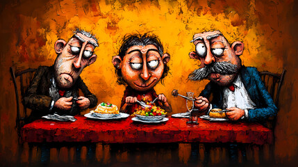 Three characters enjoying meal at table, with vibrant colors and exaggerated features, creating humorous and lively atmosphere. setting is warm and inviting