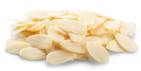 Almond flakes, slices of blanched almonds nuts isolated on white background. File contains clipping paths.