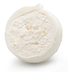 Cross cut of burrata cheese ball with stracciatella and clotted cream inside on white background. File clipping path.