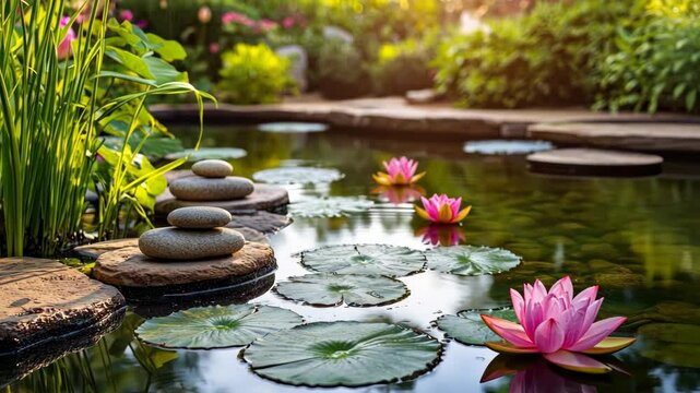 A peaceful garden features vibrant lotus flowers floating on calm water while stacked stones add a sense of balance and tranquility
