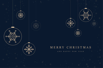 Merry Christmas and Happy New Year concept of post card, Luxury Christmas greeting card, gold Christmas ball and golden snow flakes on dark blue background