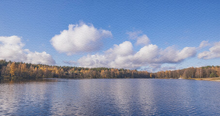 Calm lake with a few trees in the background