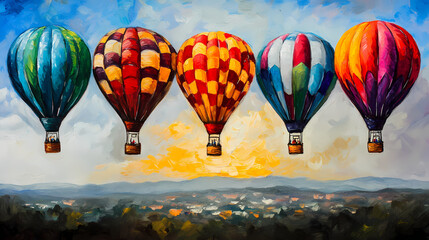 Obraz premium oil painting of colorful hot air balloons at sunset, creating vibrant festival atmosphere. balloons are beautifully detailed against scenic landscape