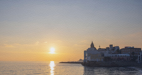 Fototapeta premium Beautiful sunset over the ocean with a small town in the background