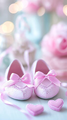 Pink ballet slippers tied with ribbons shaped into hearts sit on a soft background, enhancing the enchanting setting