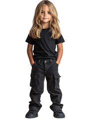 Fototapeta premium A young child with long blonde hair, wearing a black t-shirt and cargo pants, standing confidently with hands in pockets, isolated on a transparent background