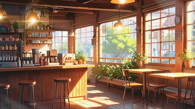interior of a restaurant Cartoons and anime Animated cafe interior background in the morning, for Lofi background music. seamless looping 4k